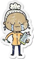 distressed sticker of a cartoon crying old lady vector