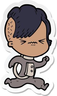 sticker of a cartoon annoyed hipster girl wearing space suit