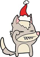 tired wolf line drawing of a wearing santa hat vector