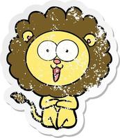 distressed sticker of a happy cartoon lion vector