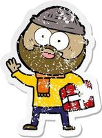 distressed sticker of a cartoon bearded man with present vector