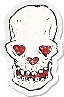 retro distressed sticker of a cartoon skull with love heart eyes vector