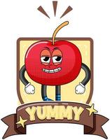 Cherry cartoon character with yummy badge vector