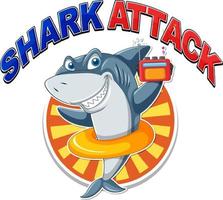 Shark attack icon with shark cartoon character wearing inflatable ring vector