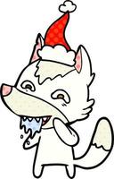 comic book style illustration of a hungry wolf wearing santa hat vector