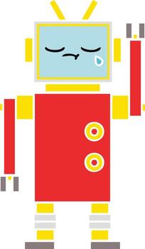 flat color retro cartoon crying robot vector