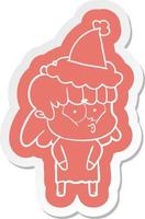 cartoon  sticker of a whistling girl wearing santa hat vector