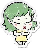 distressed sticker of a shy cartoon elf girl vector