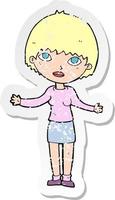 retro distressed sticker of a cartoon woman shrugging vector