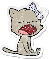 distressed sticker of a cartoon yawning cat vector