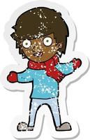 retro distressed sticker of a cartoon boy in winter clothes vector