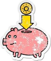 distressed sticker of a cute cartoon piggy bank vector