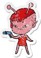 distressed sticker of a cute cartoon alien girl vector