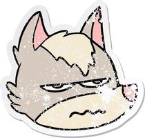 distressed sticker of a cartoon annoyed wolf face vector