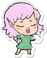 distressed sticker of a pretty cartoon elf girl vector