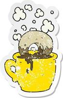 retro distressed sticker of a cartoon donut dunked in coffee vector