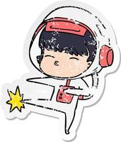 distressed sticker of a cartoon curious astronaut vector