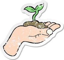 retro distressed sticker of a cartoon seedling growing held in hand vector