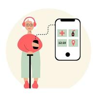 Grandmother uses phone to shop at pharmacy. Visit to the doctor, online consultation with the doctor. Active mobile app user in the elderly and old ag. Flat vector illustration