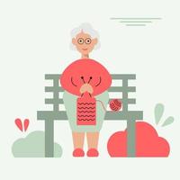 Grandmother knitting on a park bench. Vector flat illustration.