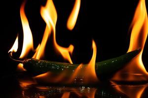 burning hot chili green pepper in dark, fried spicy pepper photo