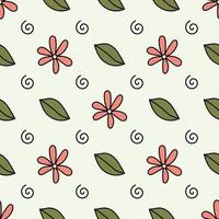 Pattern of red chamomile with leaf on pale green background. Vector image for use in textiles or prints