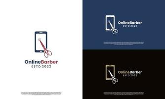 diseño de logotipo de barbero en línea, teléfono con concepto de logotipo de tijera vector