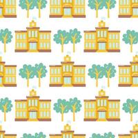 School building with trees on white background, vector seamless pattern