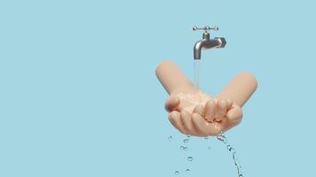 3d washing two hands under the water tap isolated on blue background. hands holding clean water drop, save water, world water day, wash hands clean concept, 3d animation, alpha video