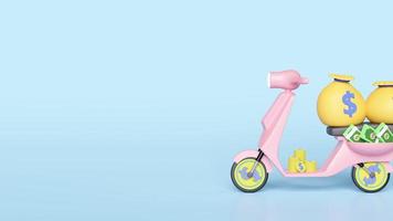 dinheiro de saco de transporte de scooter rosa dos desenhos animados 3d, notas, moeda isolada em fundo azul. aprovação rápida de crédito ou conceito de aprovação de empréstimo, animação 3d, alfa video