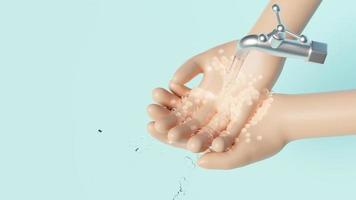 3d washing two hands under the water tap isolated on blue background. hands holding clean water drop, save water, world water day, wash hands clean concept, 3d animation, alpha video