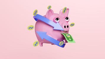 3D cofrinho flutua com notas de dólar, dinheiro isolado no fundo rosa. transferir setas azuis, cashback, economizar dinheiro conceito de negócio de riqueza, animação 3d, alfa video