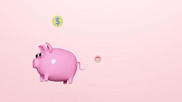 3d pink piggy bank float with money saving ideas to buy a house, car, used items isolated on blue background. 3d animation, alpha
