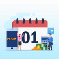 Payday vector concept. business people feeling happy while getting money and standing with calendar and alarm clock