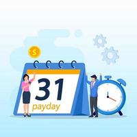 Payday vector concept. business people feeling happy while getting money and standing with calendar and alarm clock