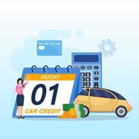 Payday vector concept. businesswoman standing with date reminder to pay credit car