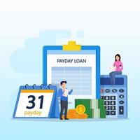 Payday vector concept. business people feeling happy while getting money and standing with calendar and alarm clock