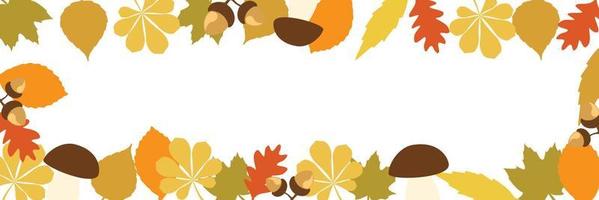 Autumn banner with fall leaves and mushrooms. Place for text on vector floral illustration