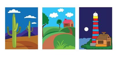 Set of landscape vector illustrations with sky background