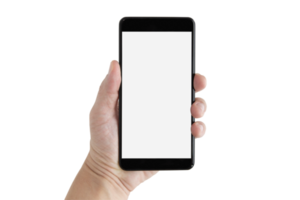 The left hand of a white man holding a black mobile phone or cellphone and a white screen for mockup content at an isolated or cutout white background with a clipping path. png