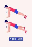 Plank Jacks exercise, Men workout fitness, aerobic and exercises. vector