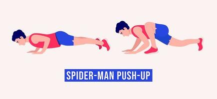 Spiderman empuja hacia arriba el ejercicio, los hombres hacen ejercicio, aeróbicos y ejercicios. vector
