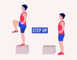 Step Up exercise, Men workout fitness, aerobic and exercises. vector