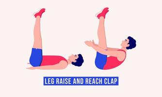 Leg Raise and Reach Clap exercise, Men workout fitness, aerobic and exercises. vector