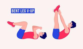 Ejercicio de piernas dobladas, entrenamiento de hombres, aeróbicos y ejercicios. vector