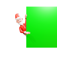 ilustración del concepto de navidad. 3d santa claus mirando furtivamente, mostrando algo en un banner de pantalla verde png