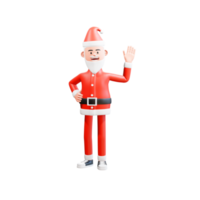 Ilustração 3D do gesto de saudação feliz Papai Noel acenando a mão e a mão direita na cintura. conceito de natal dizendo olá png