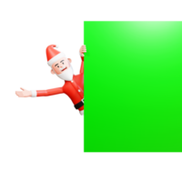 3D-Charakterillustration. der weihnachtsmann lugt hinter einem grünen bildschirmbanner hervor png