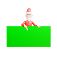 Illustration 3d du père noël debout derrière la grande bannière verte et montrant quelque chose avec sa main droite png