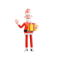 3d character illustration. santa holding christmas gifts and waving to say hi png